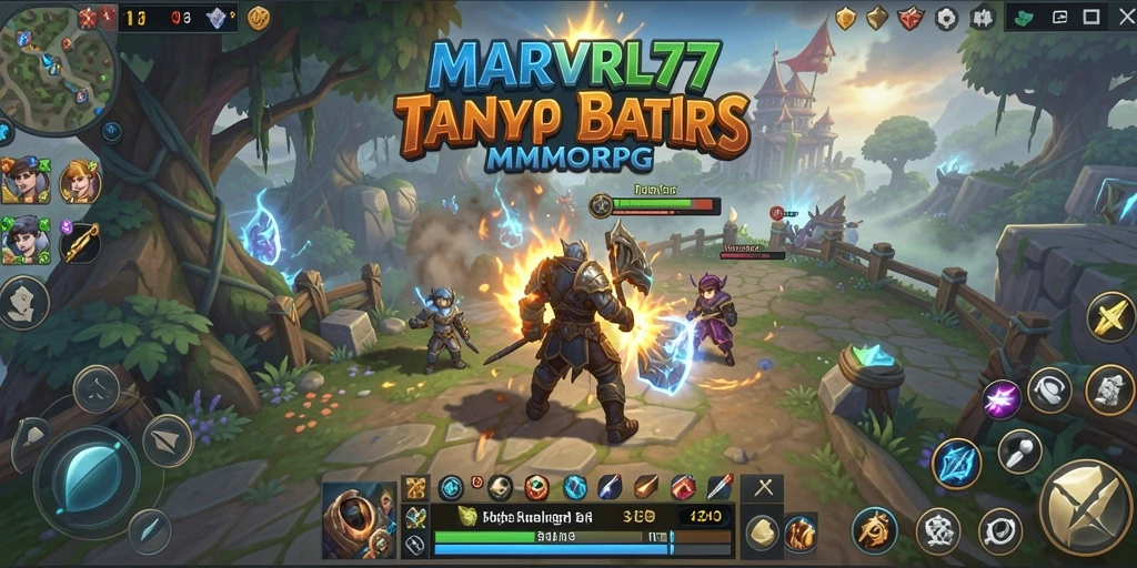 Screenshot gameplay MARVRL77 menampilkan pertarungan epik di dunia fantasi.